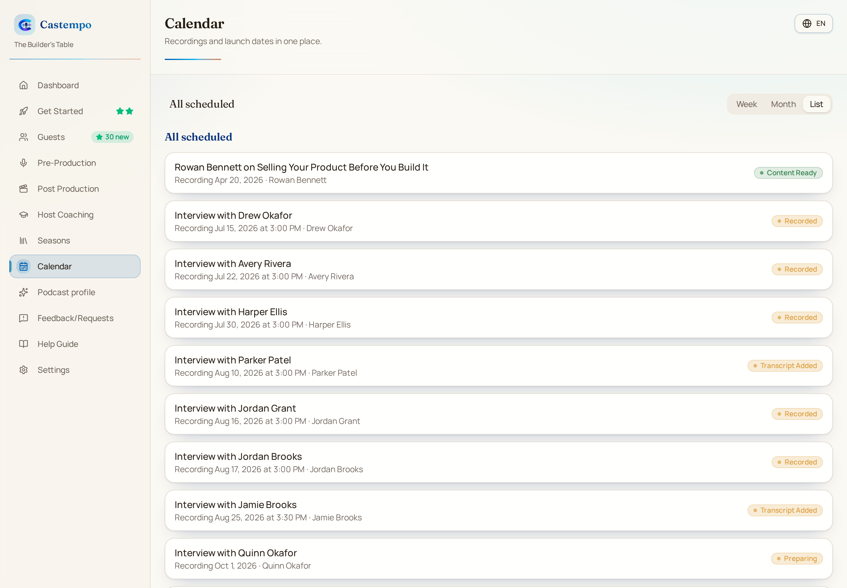Castempo calendar listing upcoming recordings with their status